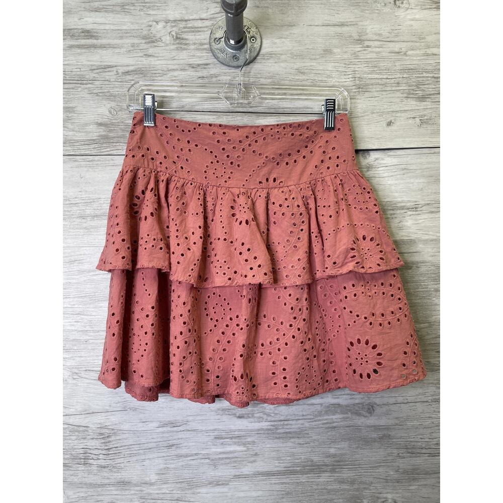 Express Skirt Womens 2 Pink Eyelet Ruffle Tiered‎ Lined Mini Summer Boho Cotton